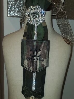 Chanel-Inspired Green Camo Ribbon Necklace with Crystal Camellia